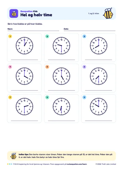 Forhåndsvisning av oppgavearket «Hel og halv time»